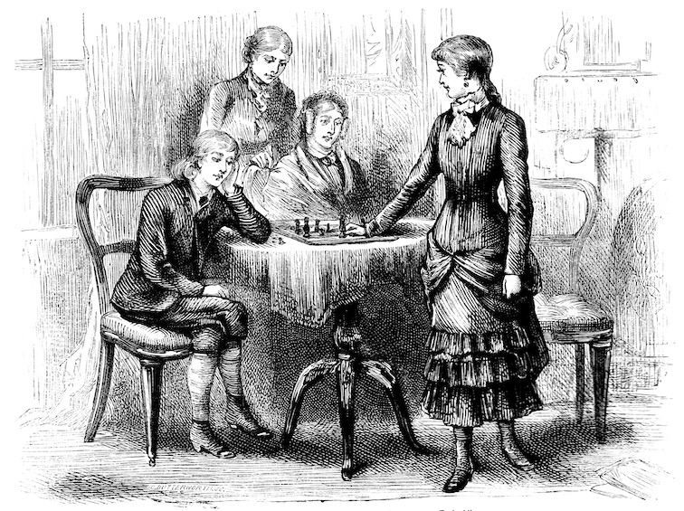 A drawing of women playing chess in a family setting.
