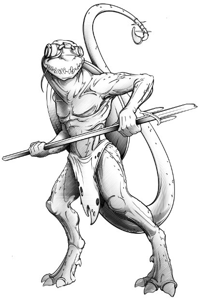 A lizardman illustration by Alec Webb, straight from the game.