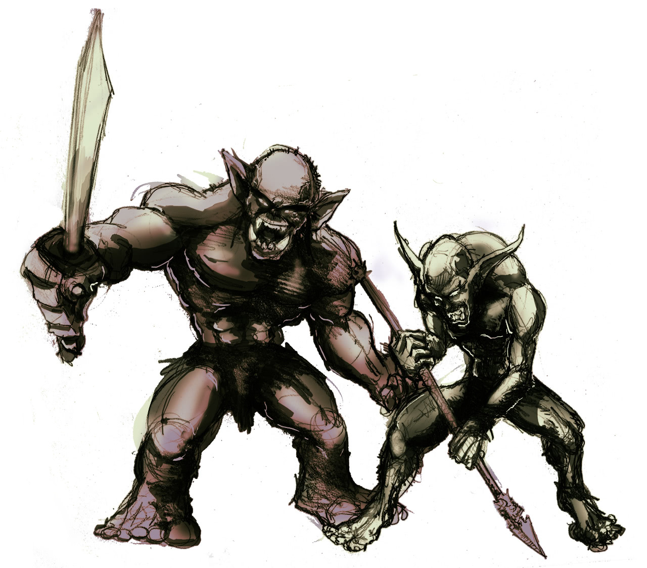 Picture of an orc and a goblin, armed.